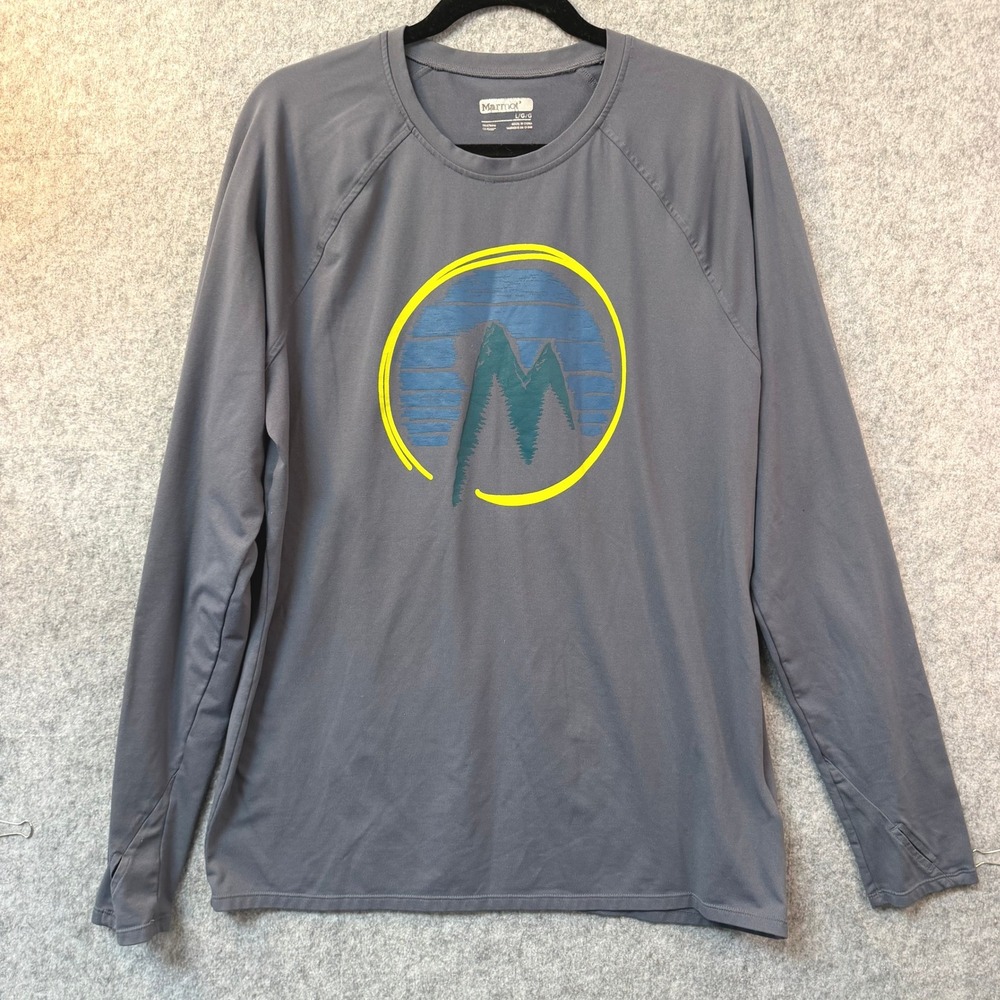 Marmot Mens Gray Long Sleeve Performance Hiking Shirt Mountain Graphic Large